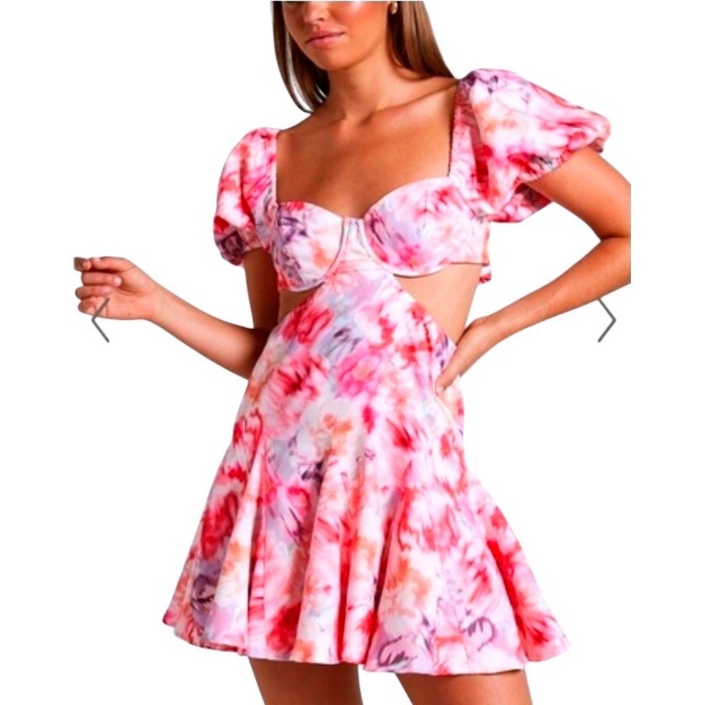 Showpo Janiena Puff Sleeve‎ Fit and Flare Mini Dress Meadow Blur Floral